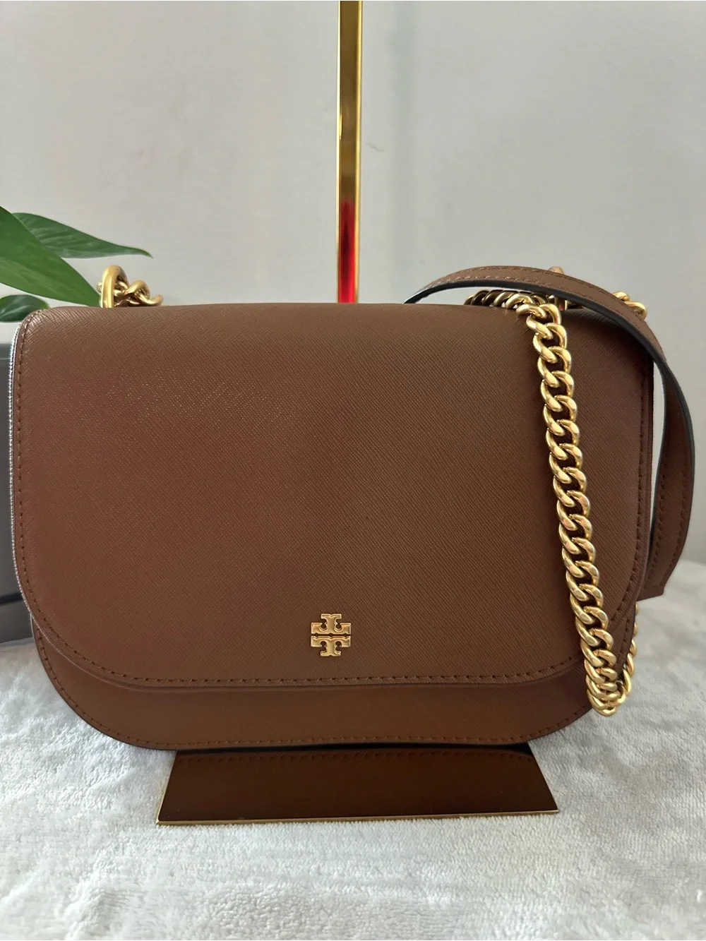 Tory Burch Brown Leather Crossbody with Gold Chain